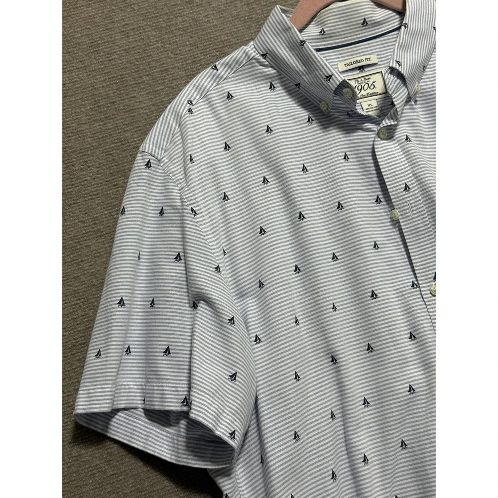 Jos A Bank 1905 Shirt Mens XL Blue White Striped Sailboat‎ Tailored Fit Cotton